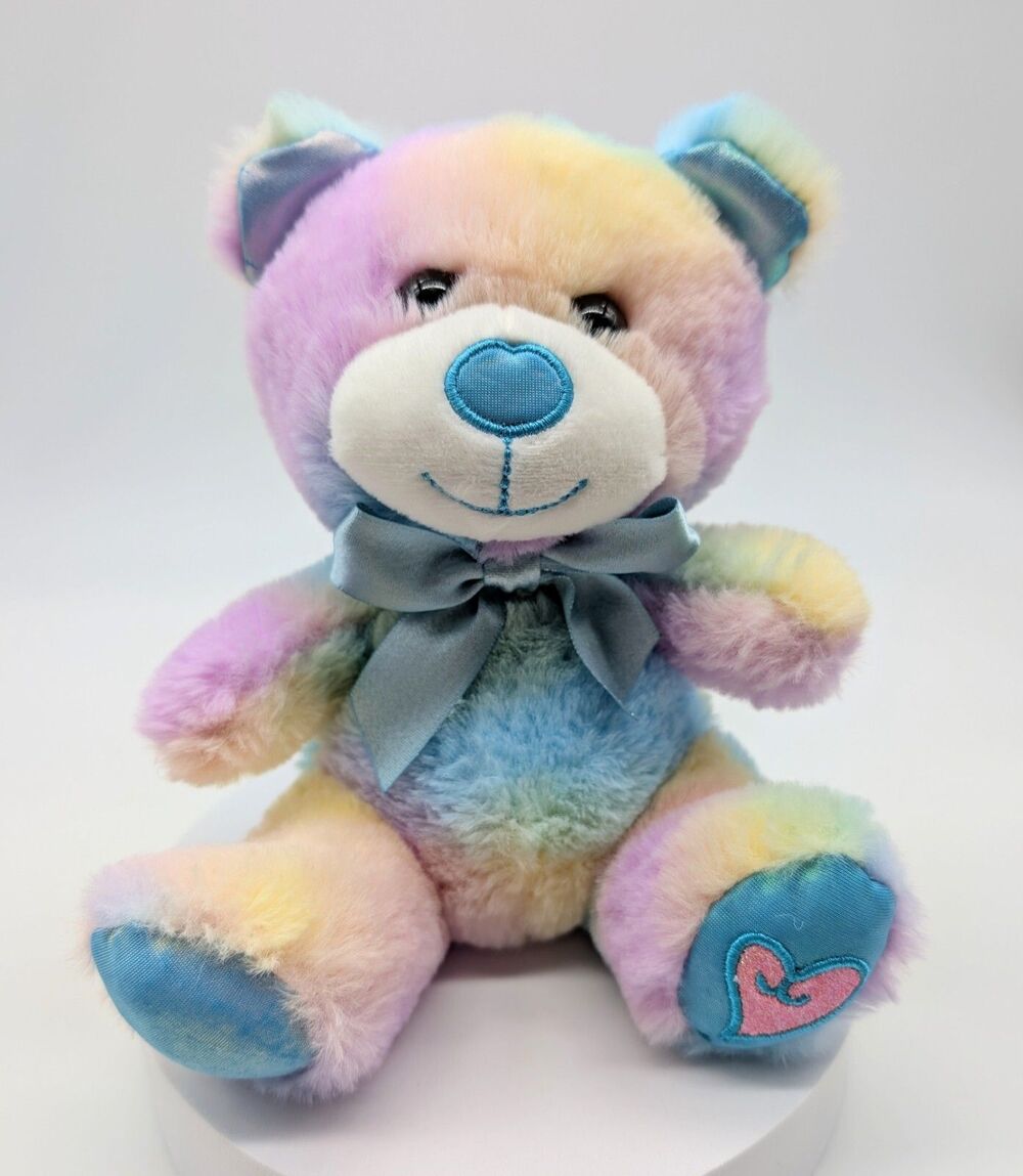 Plush Tie Dye Teddy Bear Blue Bow Rainbow Pastel Stuffed Animal 8" Walmart
